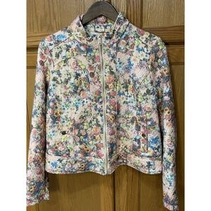 Odyn Floral Zip Jacket Blazer Gold Detail Rayon Blend Cropped Size Large